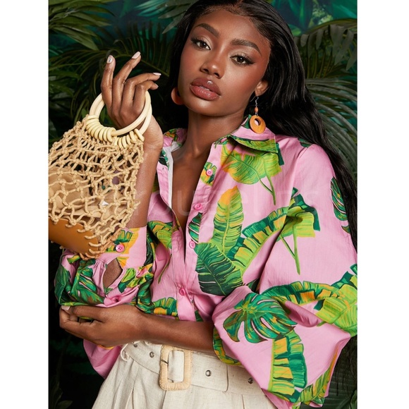 Rouge! Tops - Cotton Leaf Tropical Print Pink Green Oversized Shirt Lantern Sleeve Button